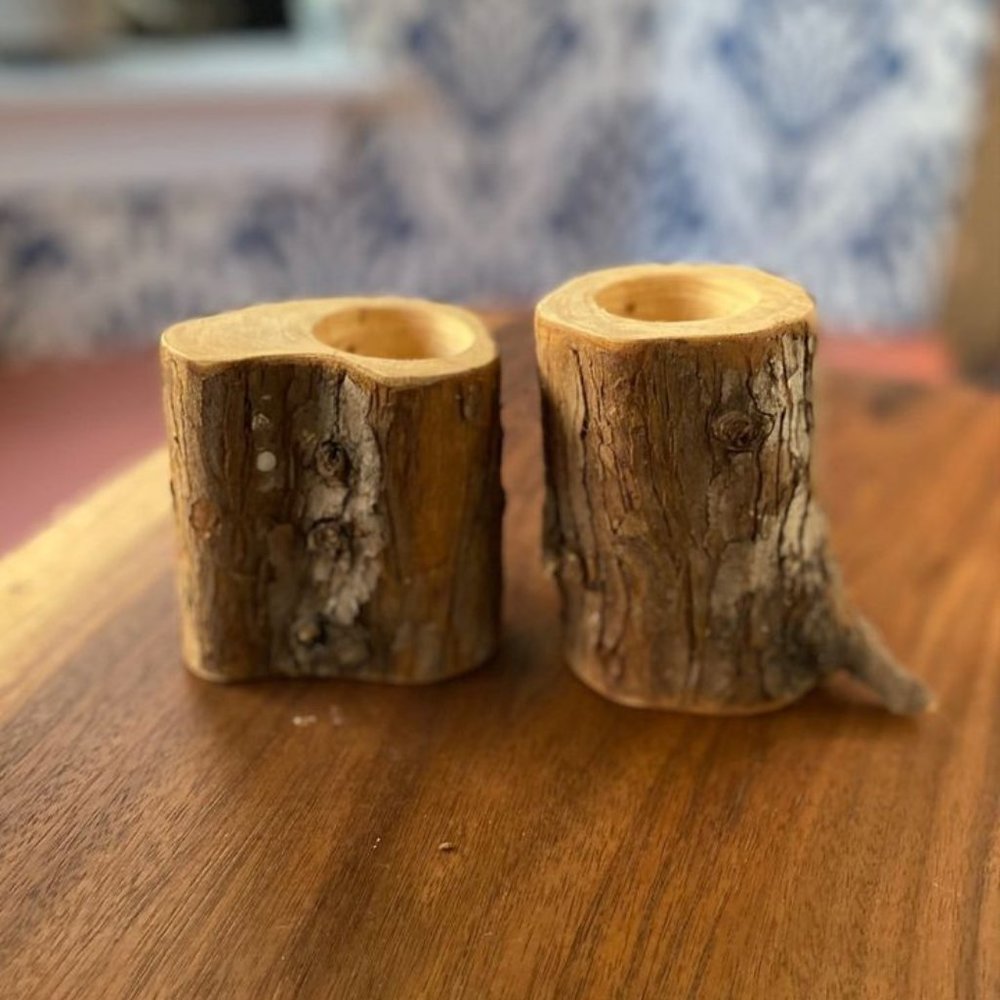 Natural Wood Tea Light Candle Holders (Set of 2)